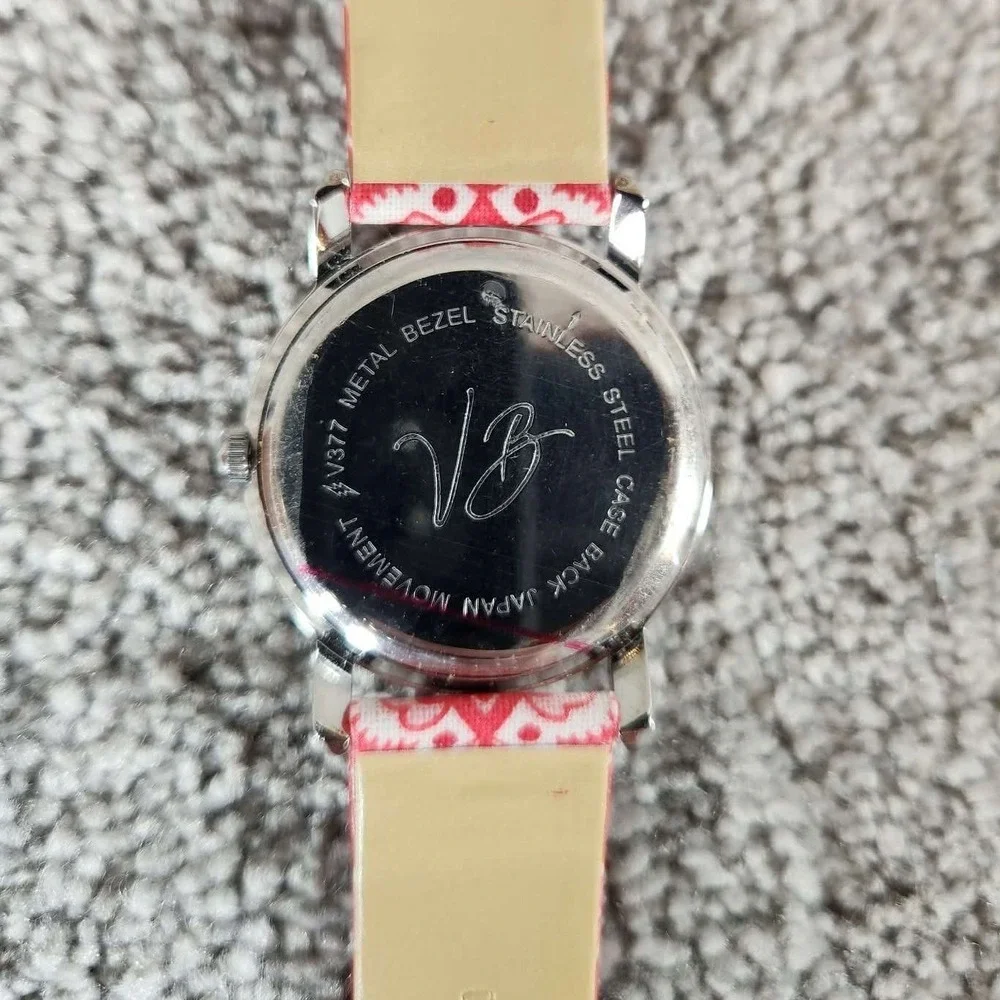 Vera Bradley Watch Red White Patterned Strap Silver Tone Bezel Womens